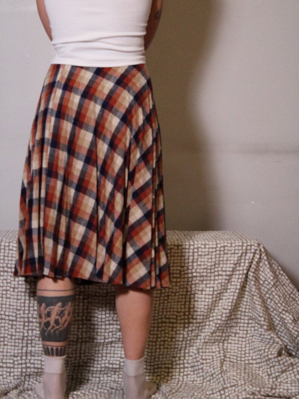 Vintage 70s Plaid Wool Blend Pleated Midi Skirt XS